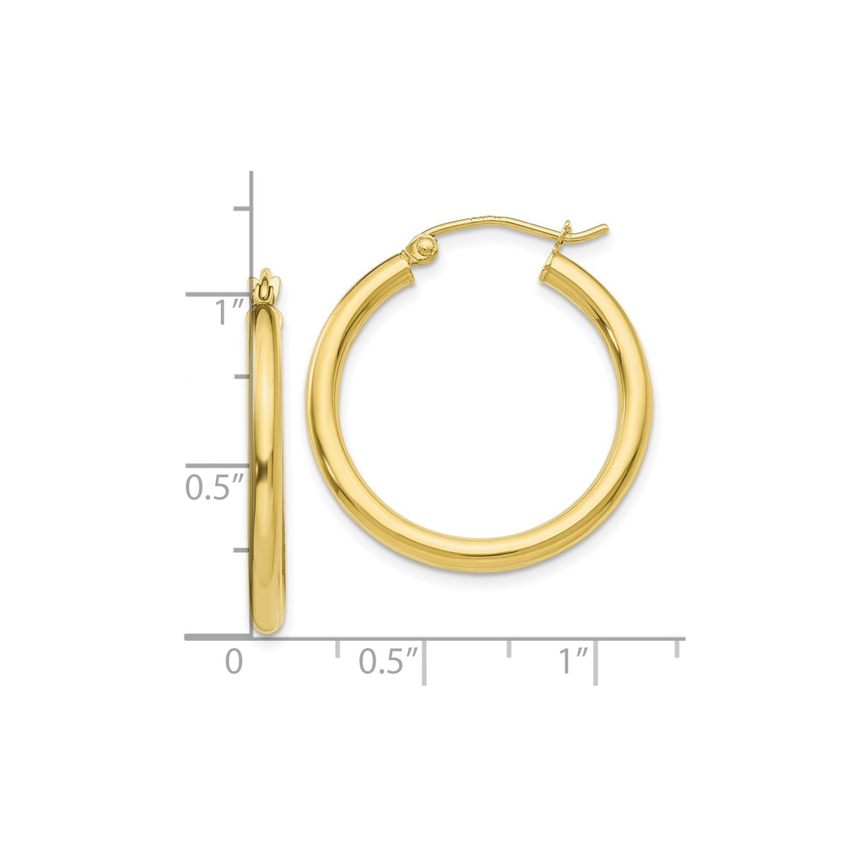 10k Yellow Gold Hoop Earrings, Polished Round Medium Hoops with Snapback Closure for Women