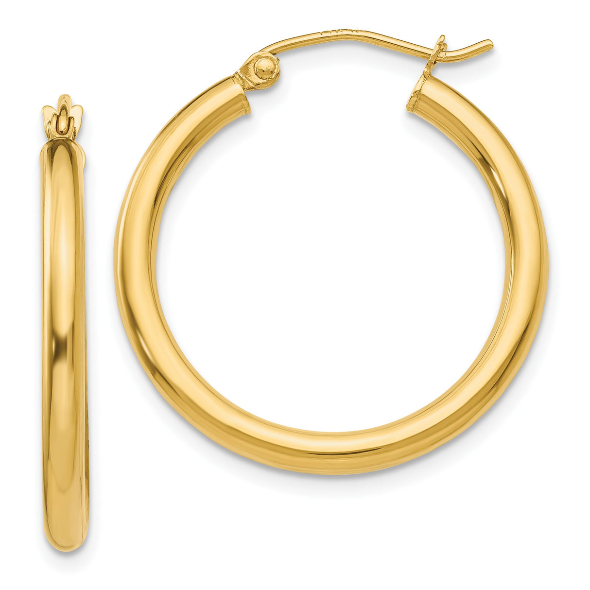 10k Yellow Gold Hoop Earrings, Polished Round Medium Hoops with Snapback Closure for Women