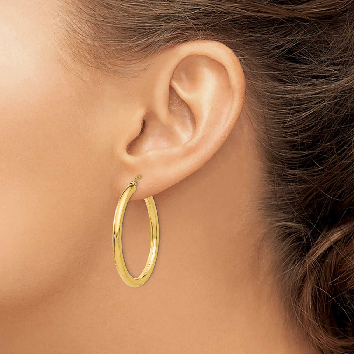 10k Yellow Gold Hoop Earrings, Medium Size Polished Finish, Lightweight Round Design for Women