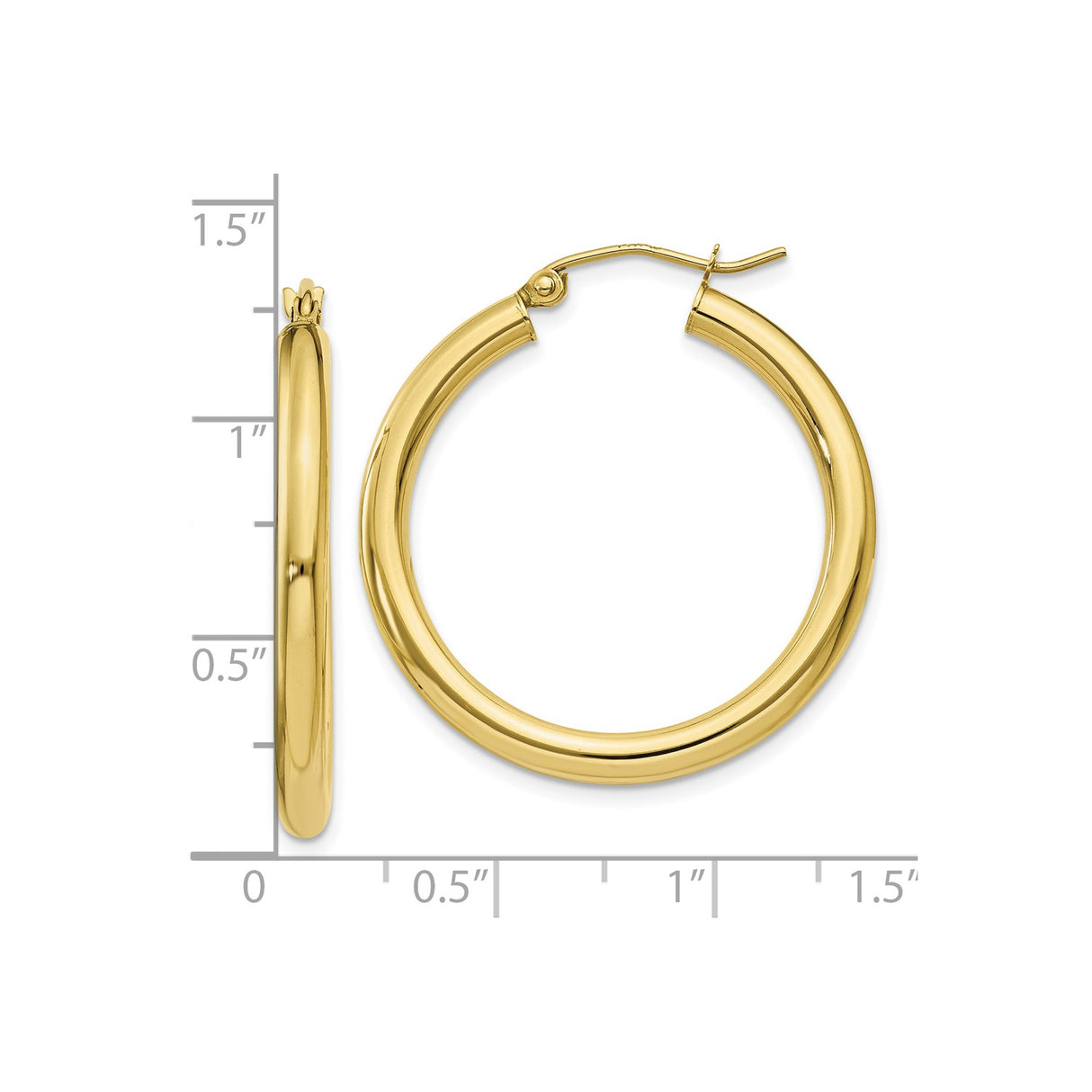 10k Yellow Gold Hoop Earrings, Classic Round Tube with Hinged Clasp, Medium Lightweight Design