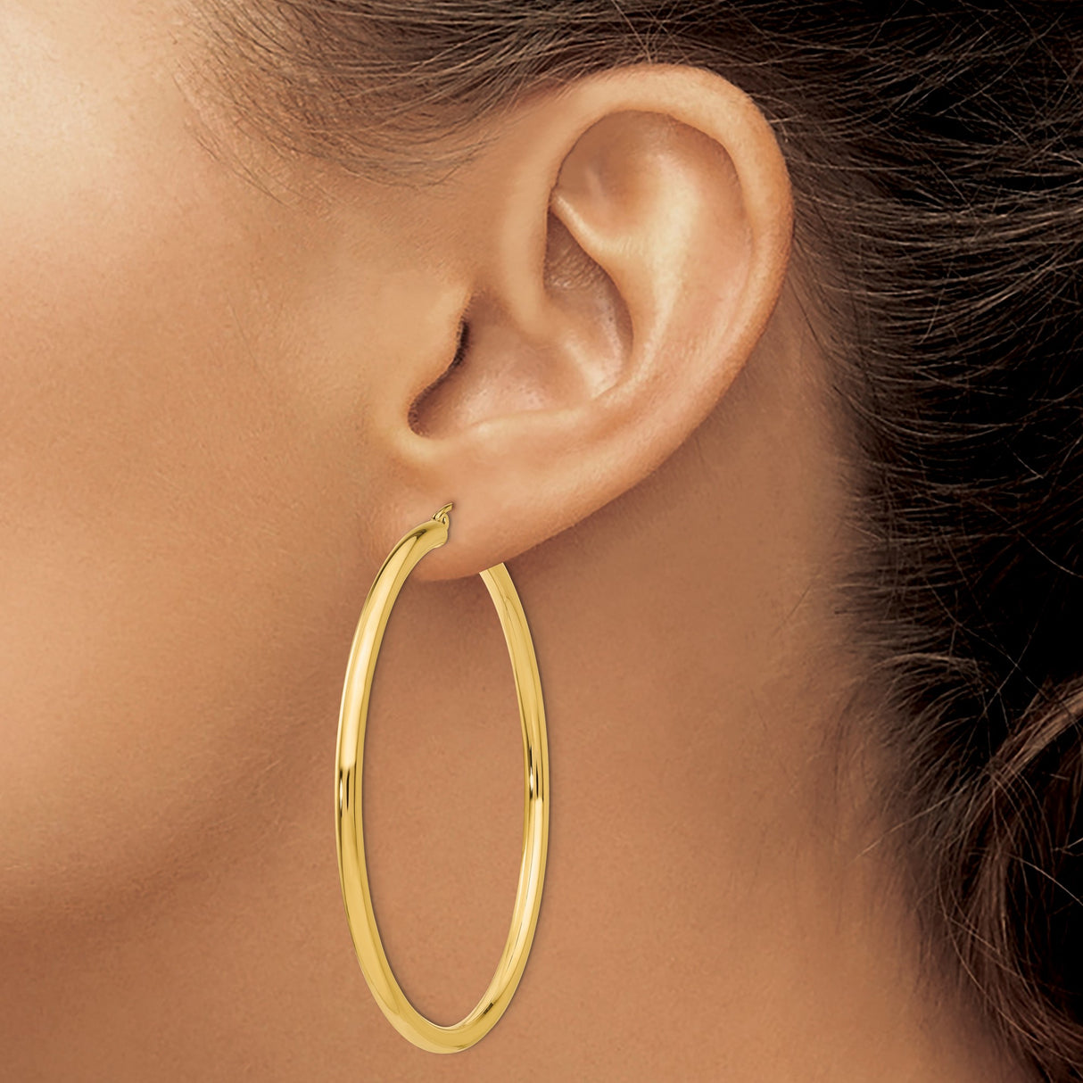 10k Yellow Gold Hoop Earrings, Large Smooth Tube Style with Latch Back Closure for Women