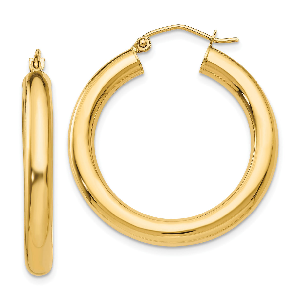 10k Yellow Gold Hoop Earrings, Medium Round Tube, Polished Finish, Lightweight Classic Style