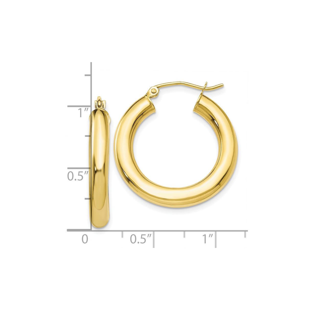 10k Yellow Gold Hoop Earrings, Classic Round Polished Tube with Hinged Clasp, Lightweight Style