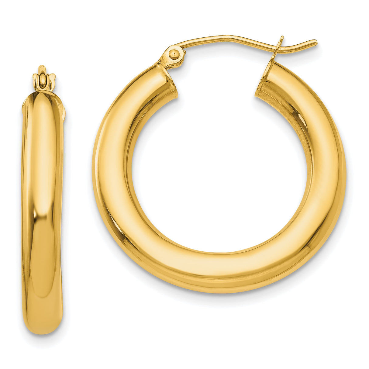 10k Yellow Gold Hoop Earrings, Classic Round Polished Tube with Hinged Clasp, Lightweight Style
