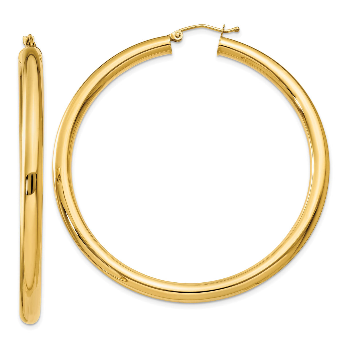 10k Yellow Gold Hoop Earrings, Large Polished Round Tube Style for Women