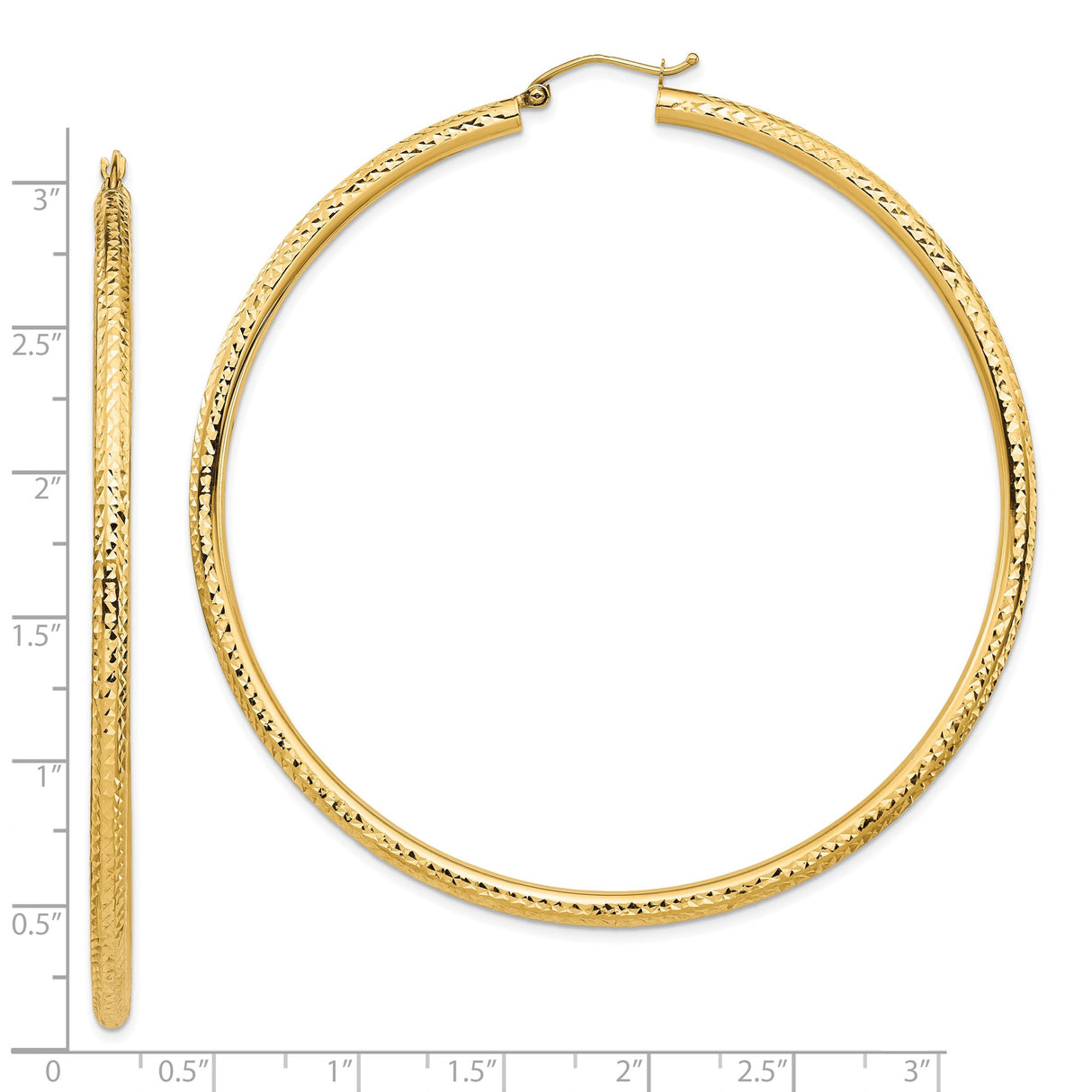 10k Yellow Gold Hoop Earrings with Textured Diamond Cut Finish, Lightweight Classic Style for Women