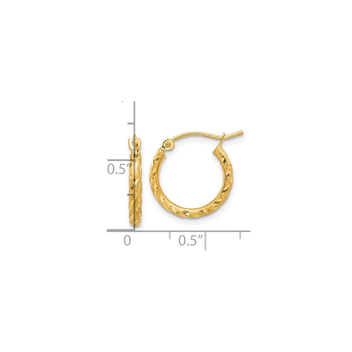 10k Yellow Gold Hoop Earrings, Diamond Cut Textured Satin Finish, Lightweight Polished Style