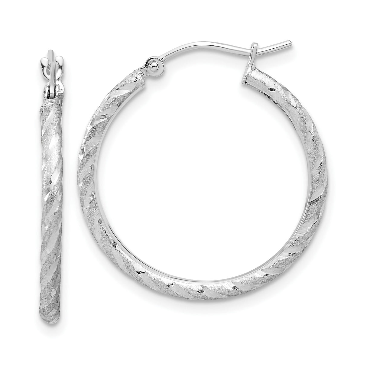 10k White Gold Twisted Hoop Earrings, Textured Diamond Cut with Satin Finish