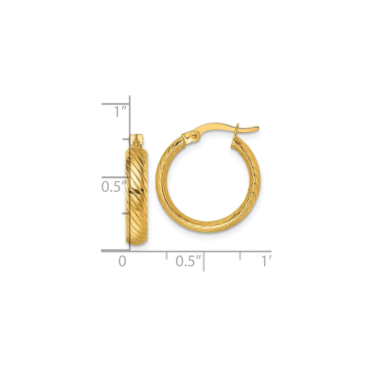 10k Yellow Gold Hoop Earrings, Twist Tube Design, Textured Finish, Medium Size