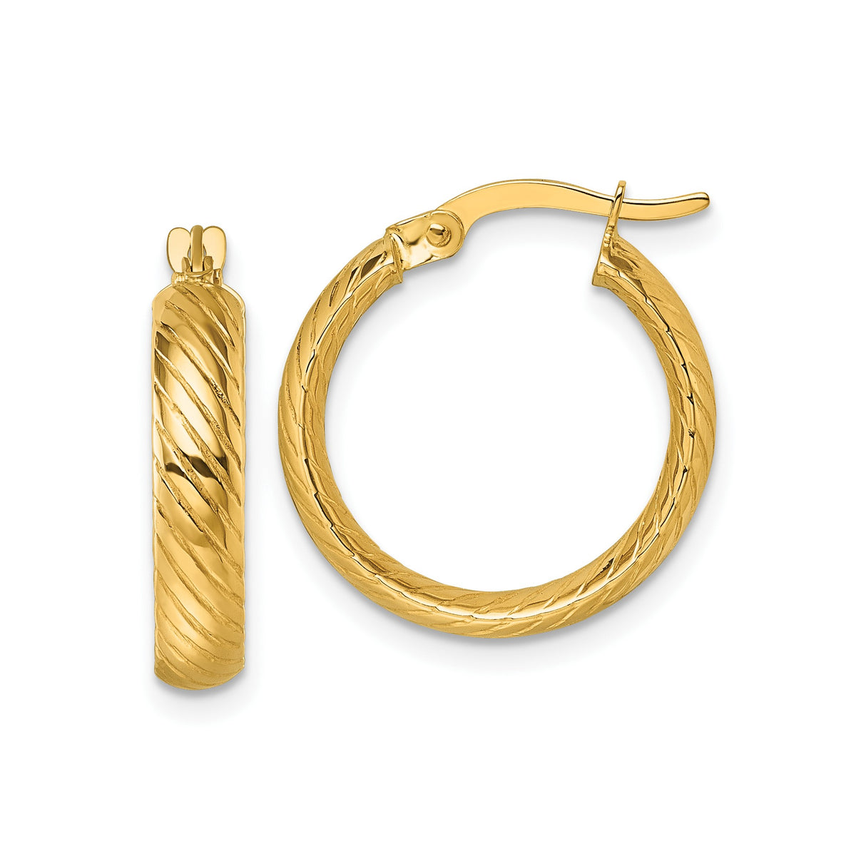 10k Yellow Gold Hoop Earrings, Twist Tube Design, Textured Finish, Medium Size