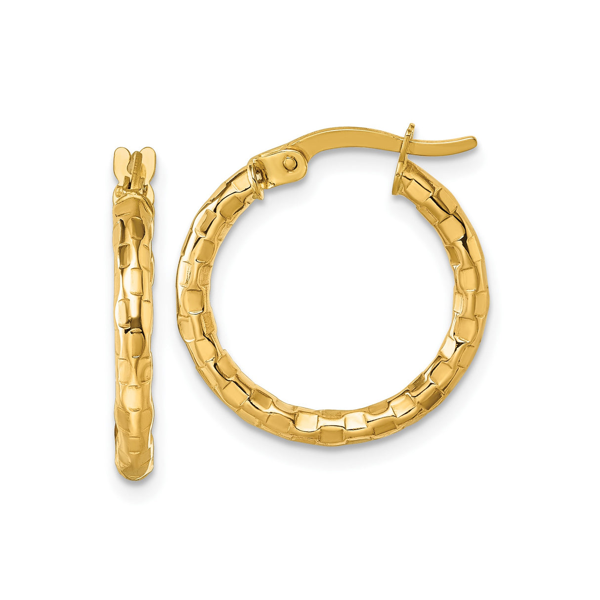 10k Yellow Gold Hoop Earrings with Hammered Texture and Snap Lock Closure