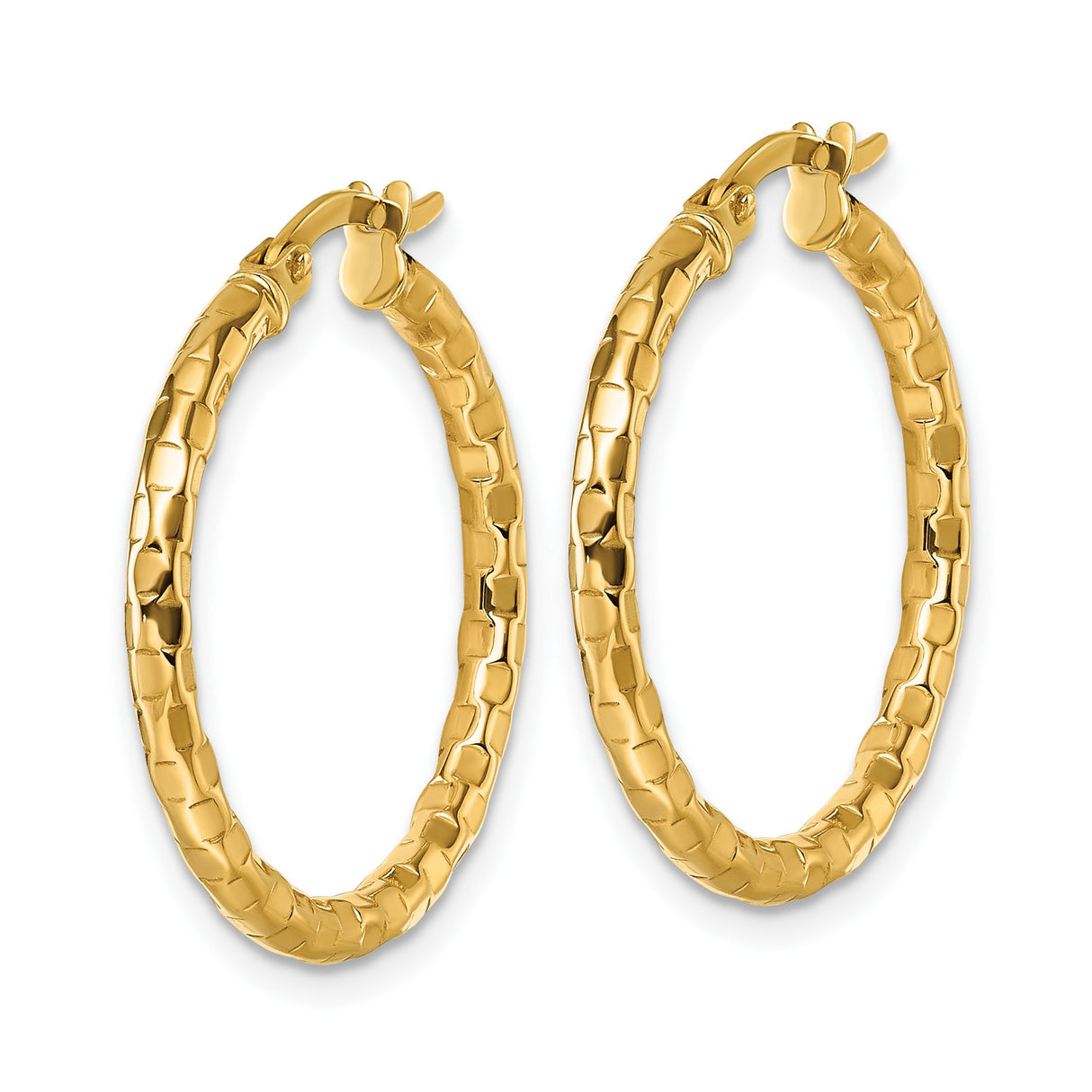 10k Yellow Gold Hoop Earrings, Textured Medium Tube with Polished Finish and Latch-Back Closure