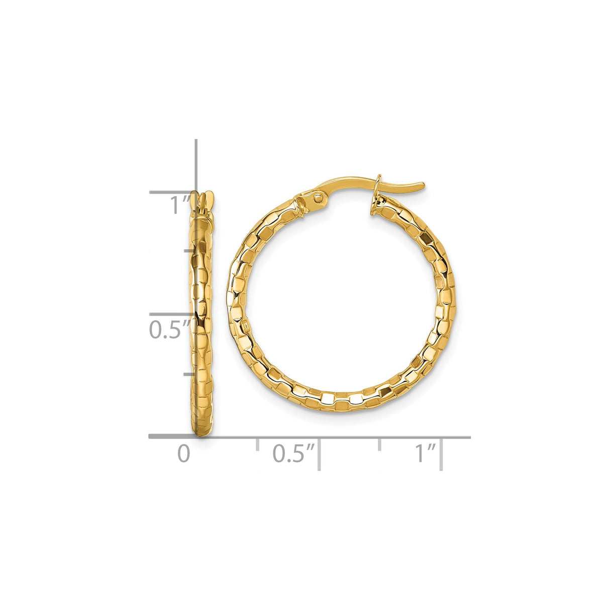 10k Yellow Gold Hoop Earrings, Textured Medium Tube with Polished Finish and Latch-Back Closure