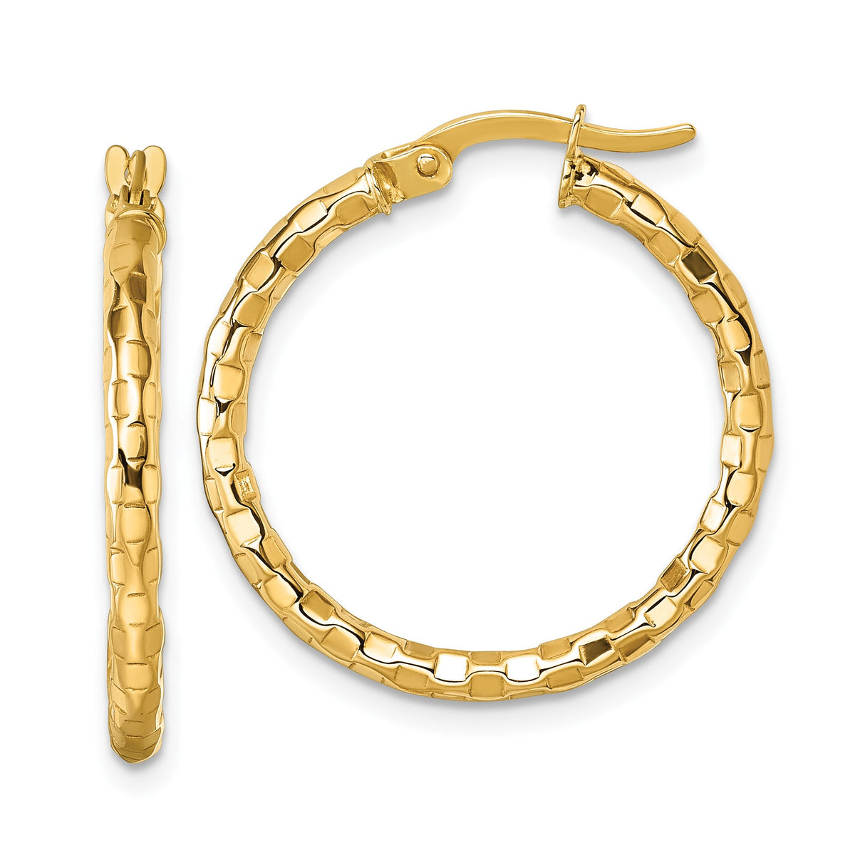 10k Yellow Gold Hoop Earrings, Textured Medium Tube with Polished Finish and Latch-Back Closure
