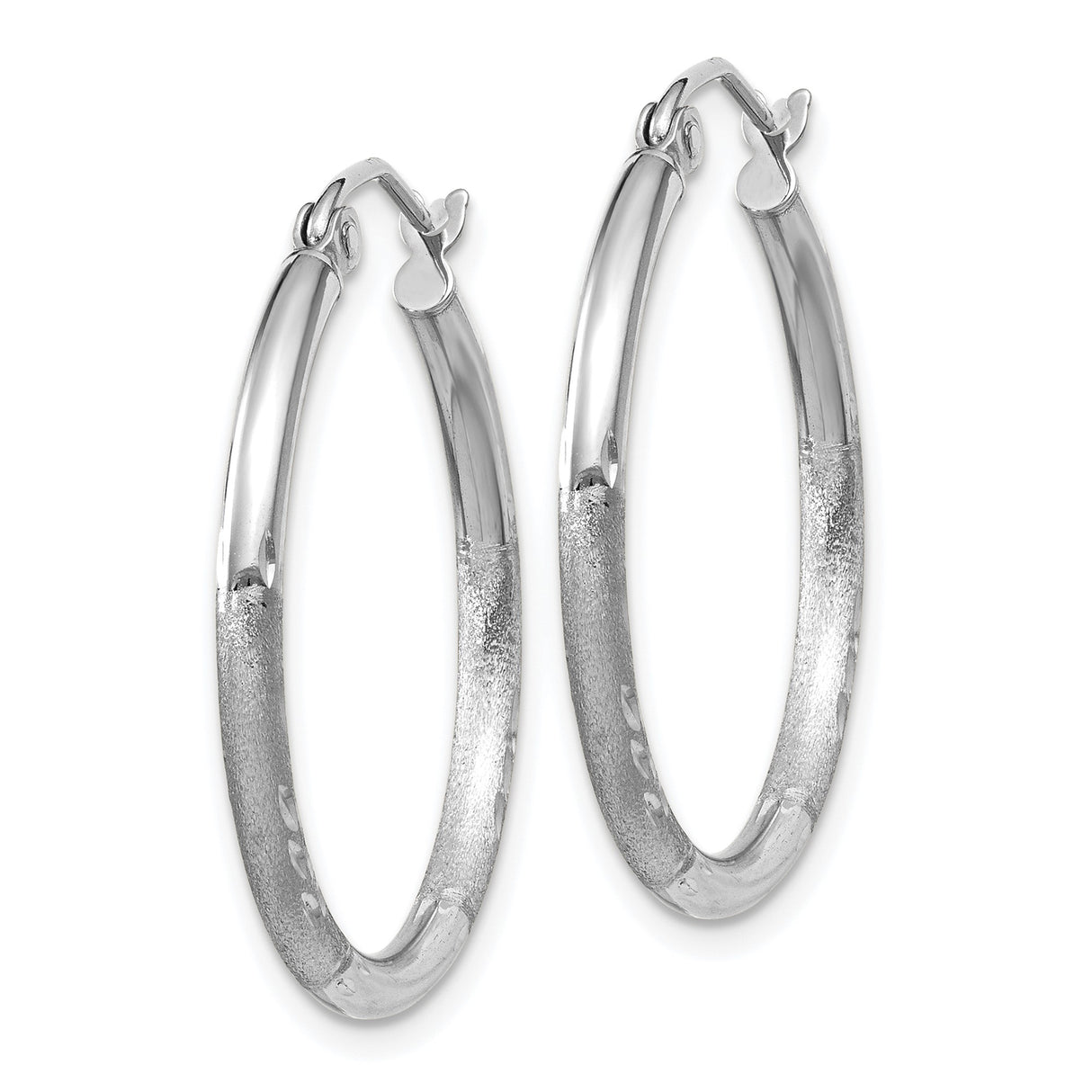 10k White Gold Hoop Earrings with Textured and Polished Finish, Diamond Cut Design