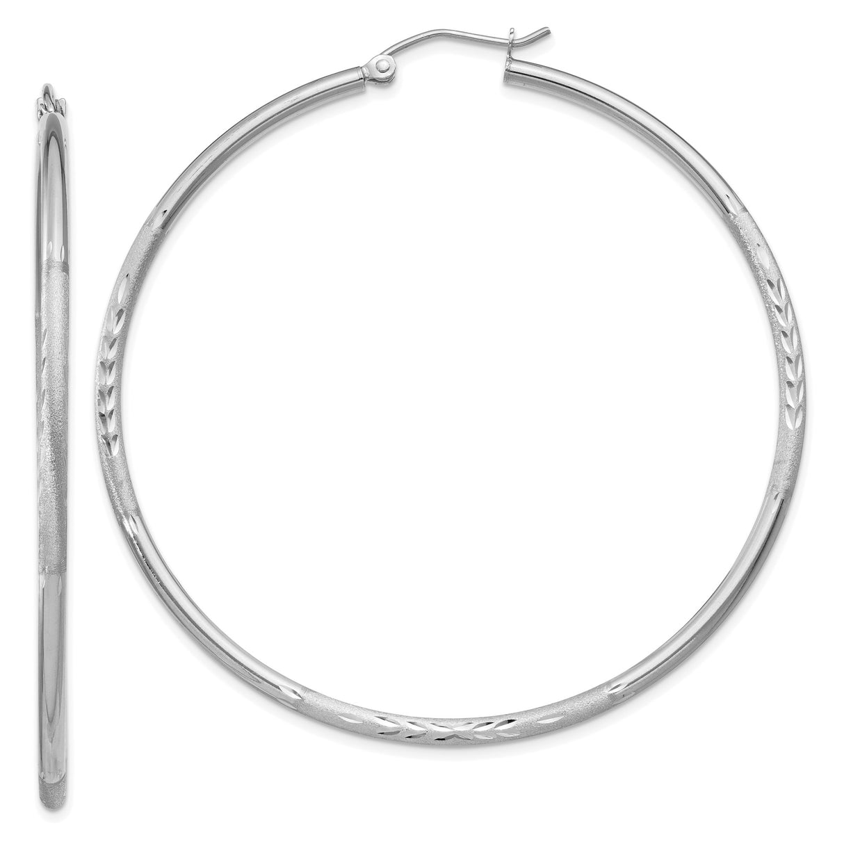 10k White Gold Hoop Earrings with Polished Finish and Etched Leaf Design for Women