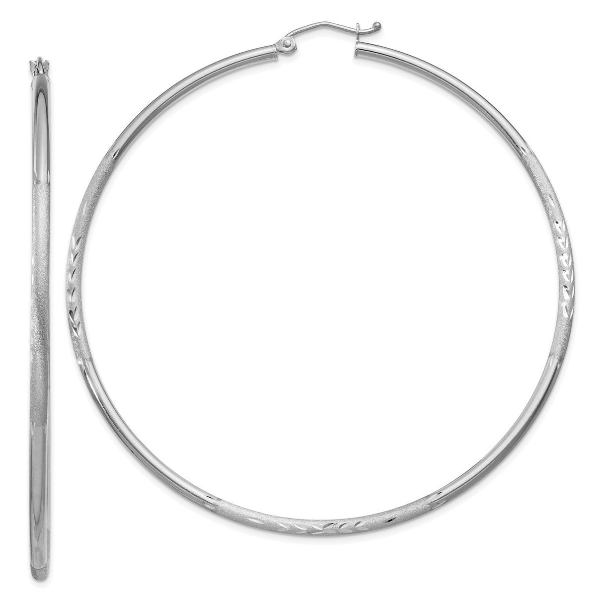 10k White Gold Hoop Earrings with Etched Leaf Pattern and High Polish Finish