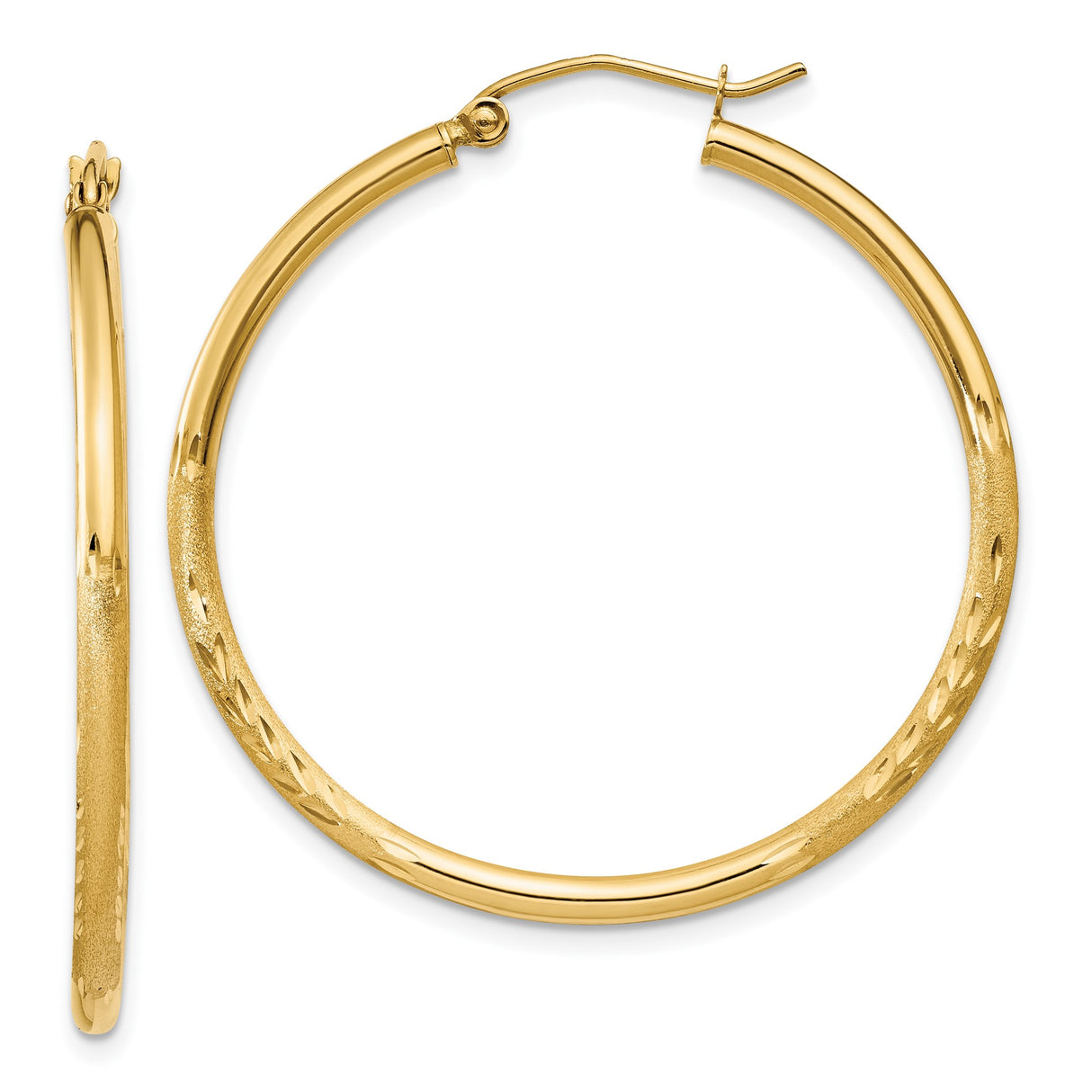 10k Yellow Gold Hoop Earrings, Polished Textured Design with Diamond-Cut Detailing, 2mm Round Tube Style