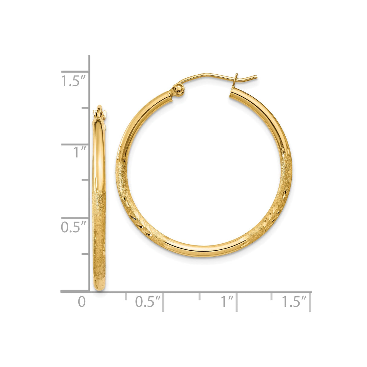 10k Yellow Gold Hoop Earrings, Textured and Polished Round Tube with Diamond Cut Detail