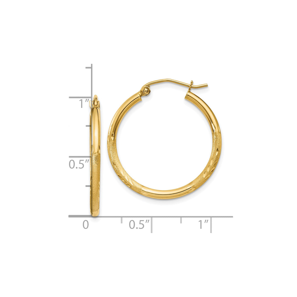 10k Yellow Gold Hoop Earrings, Polished and Textured Round Hoops with Diamond-Cut Detailing