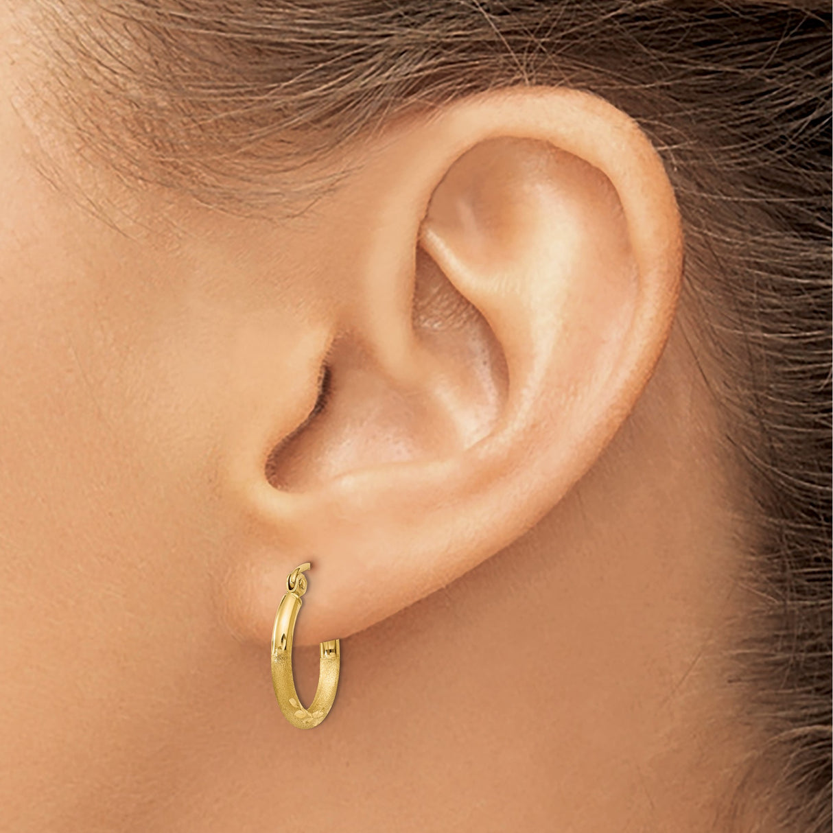 10k Yellow Gold Hoop Earrings with Polished and Textured Leaf Pattern Design for Women