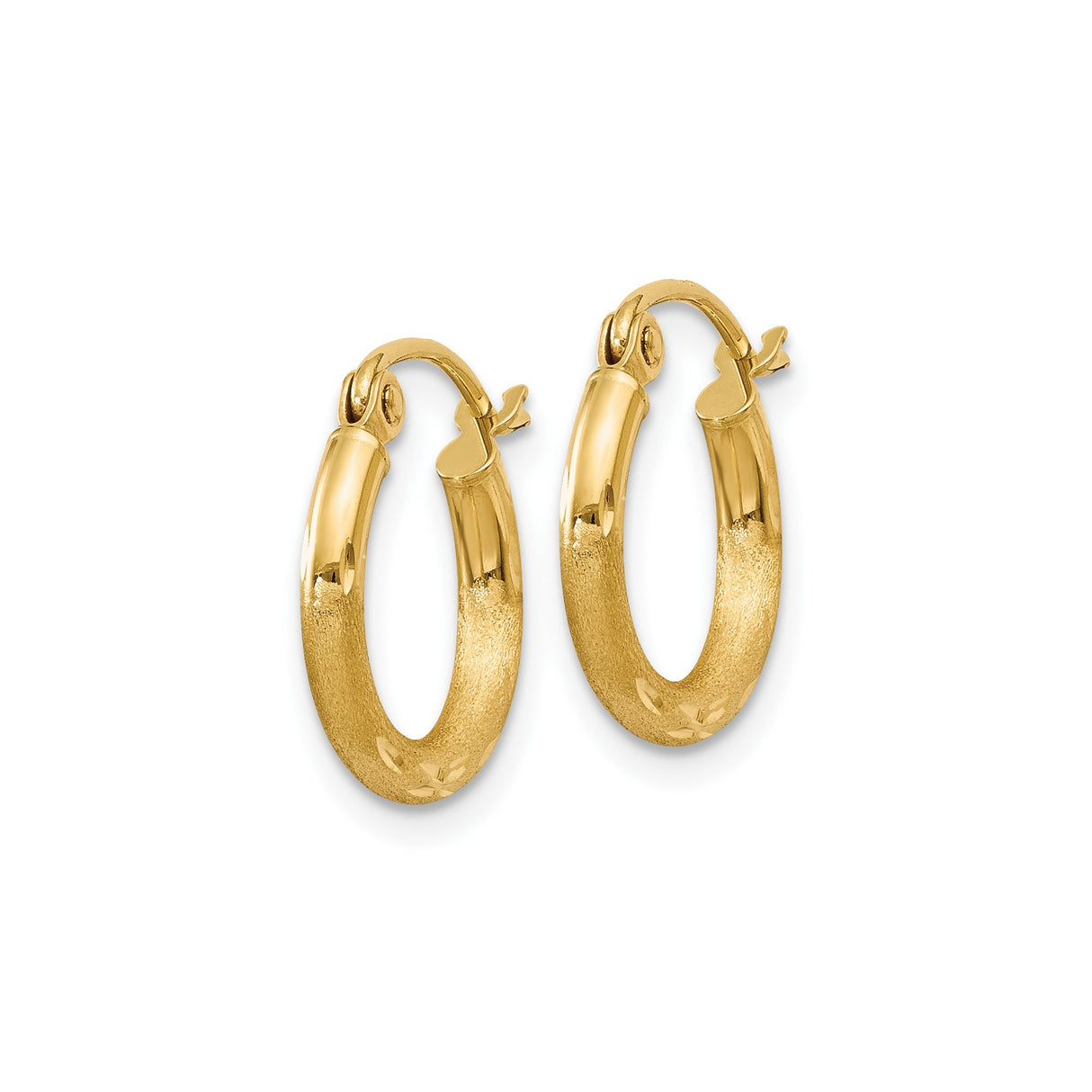 10k Yellow Gold Hoop Earrings, Polished and Textured with Diamond-Cut Detail, Lightweight Classic Style
