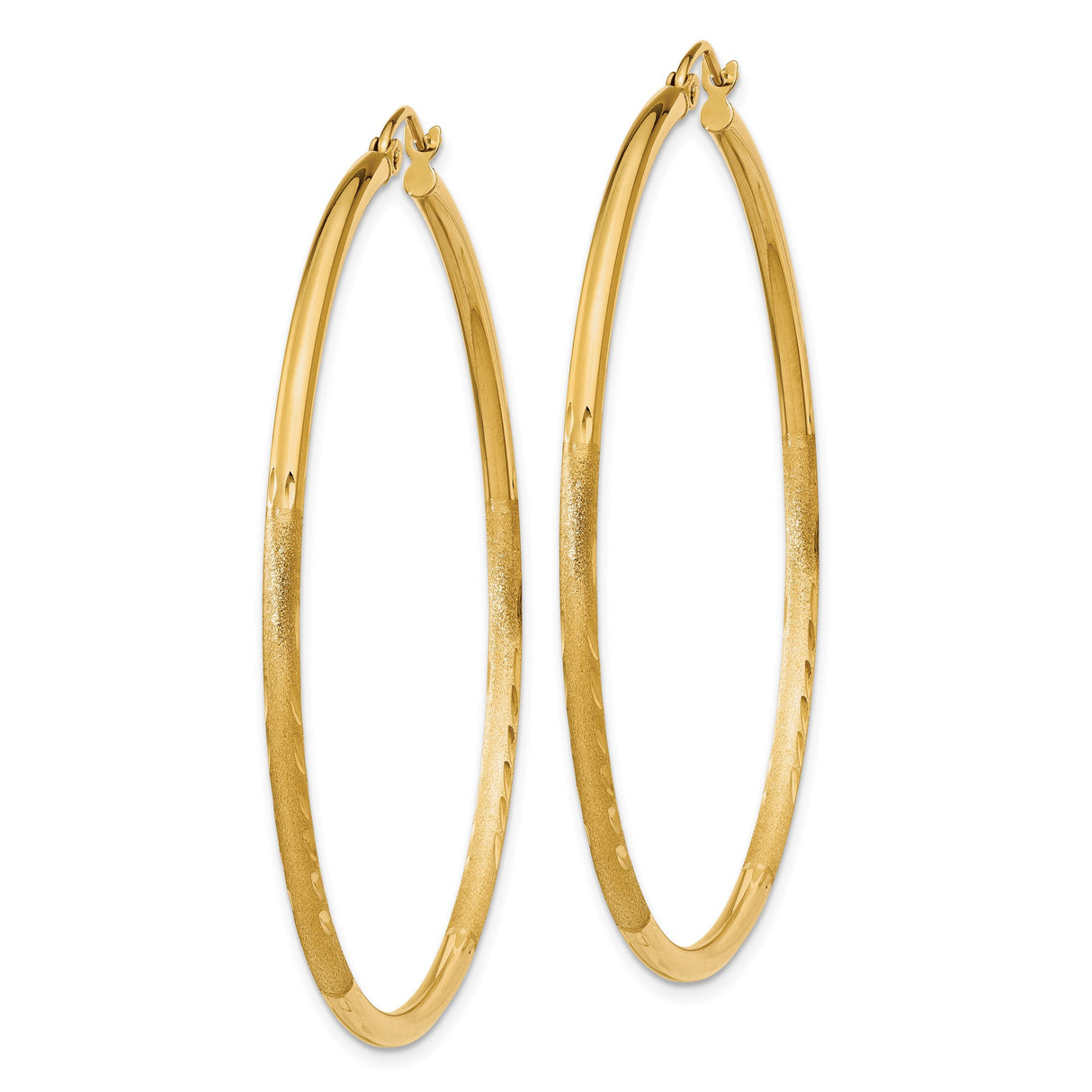 10k Yellow Gold Hoop Earrings, Diamond Cut Round Tube with Polished and Satin Finish