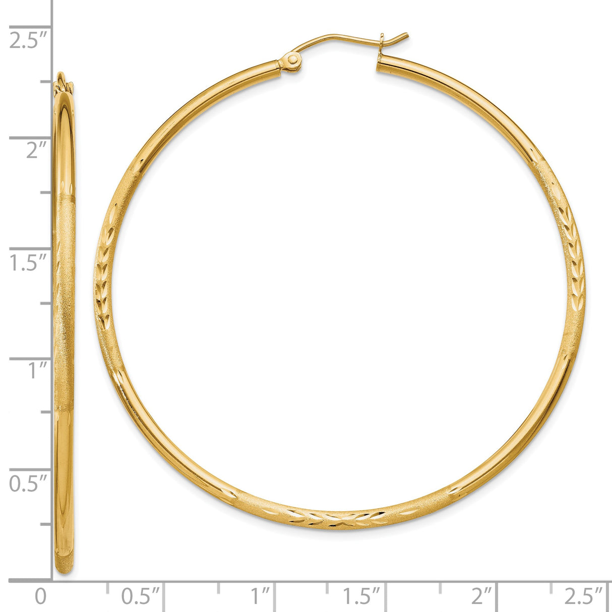 10k Yellow Gold Hoop Earrings with Etched Leaf Pattern and High Polish Finish