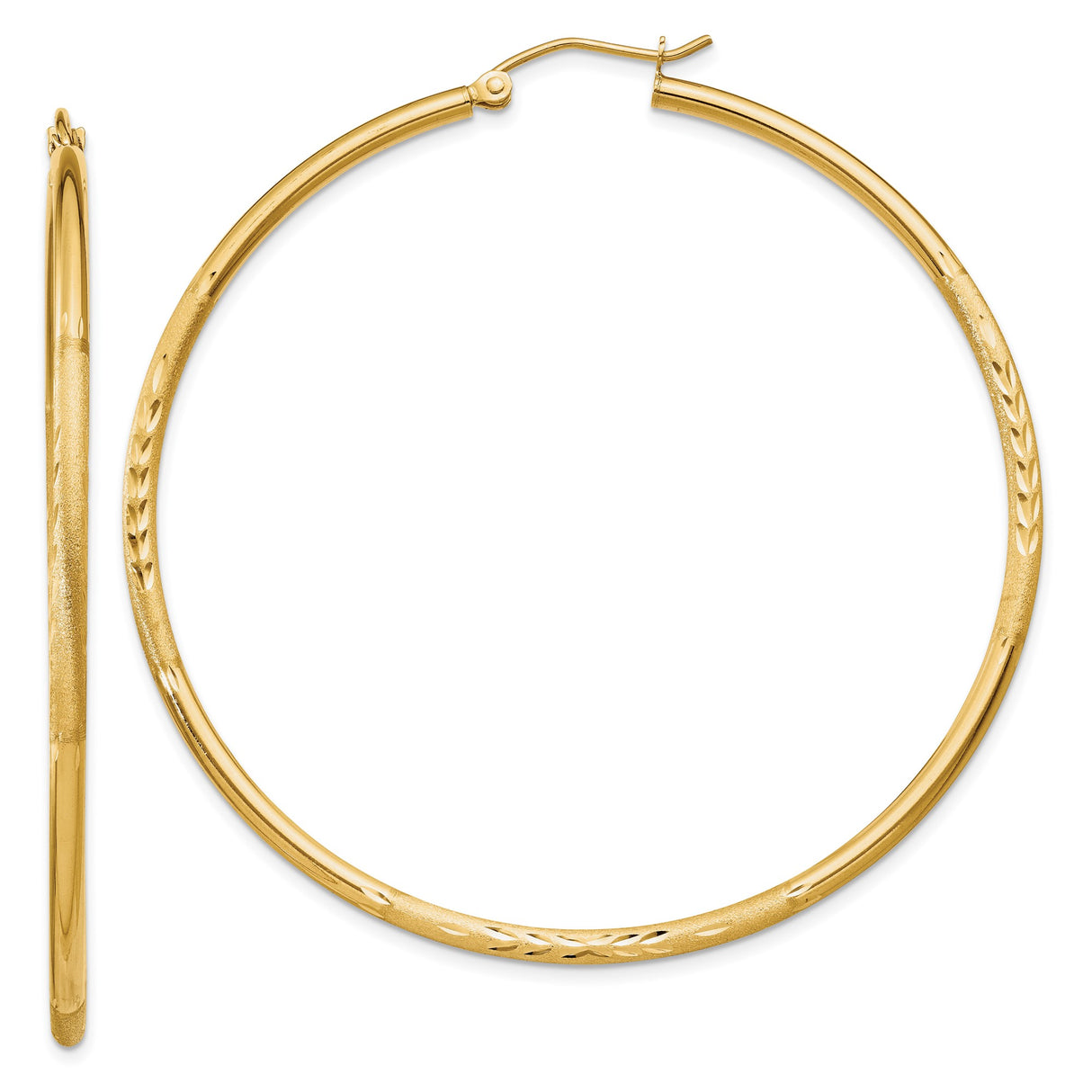 10k Yellow Gold Hoop Earrings with Etched Leaf Pattern and High Polish Finish
