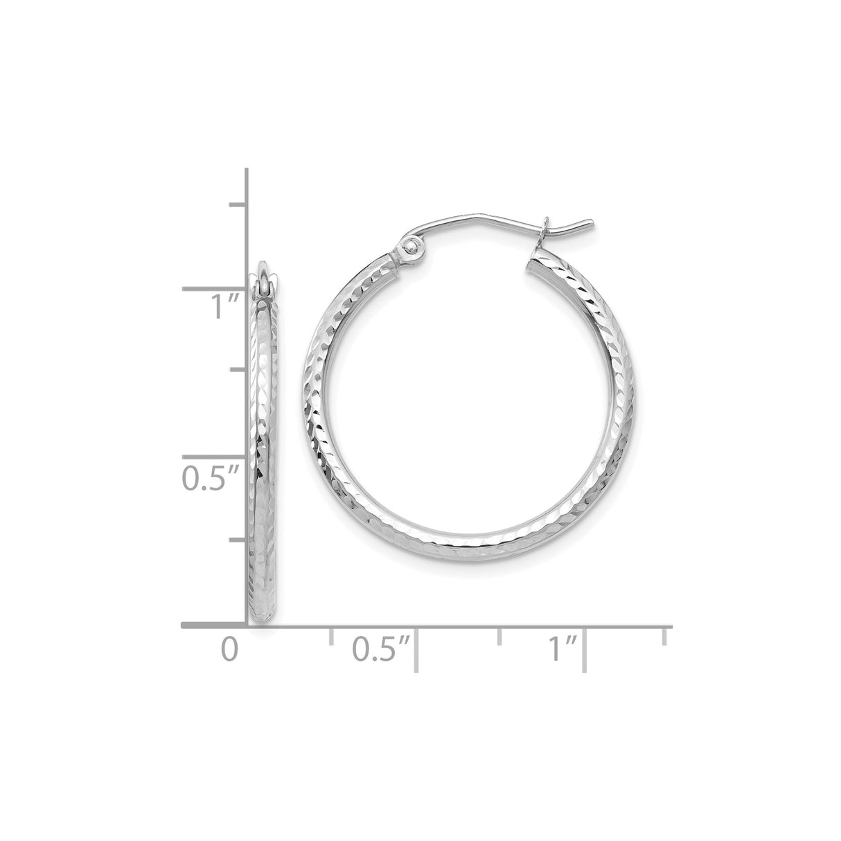 10k White Gold Hoop Earrings, Diamond-Cut Texture, Classic Round Tube with Latch Closure