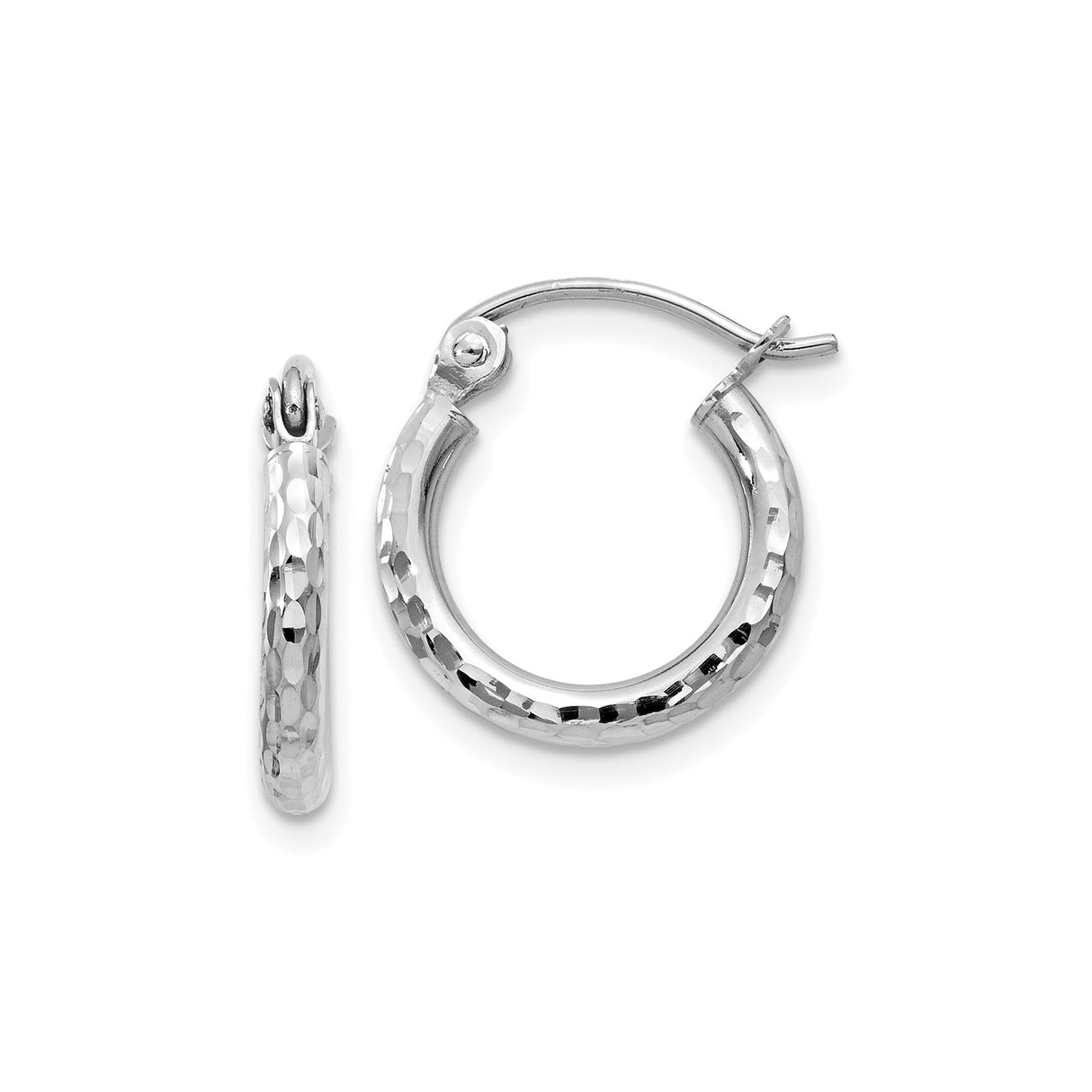 10k White Gold Hoop Earrings, Small Round Hammered Tube Design, Minimalist Everyday Style