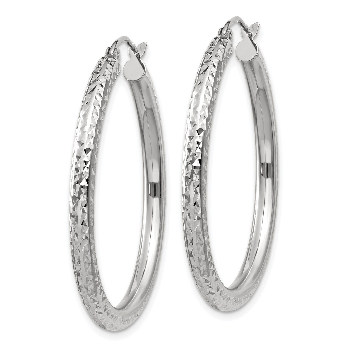 10k White Gold Hoop Earrings, Diamond Cut Textured Design, Lightweight Everyday Jewelry