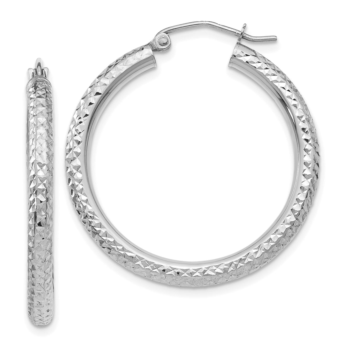 10k White Gold Hoop Earrings, Diamond Cut Textured High Polish Finish, Lightweight Round Design