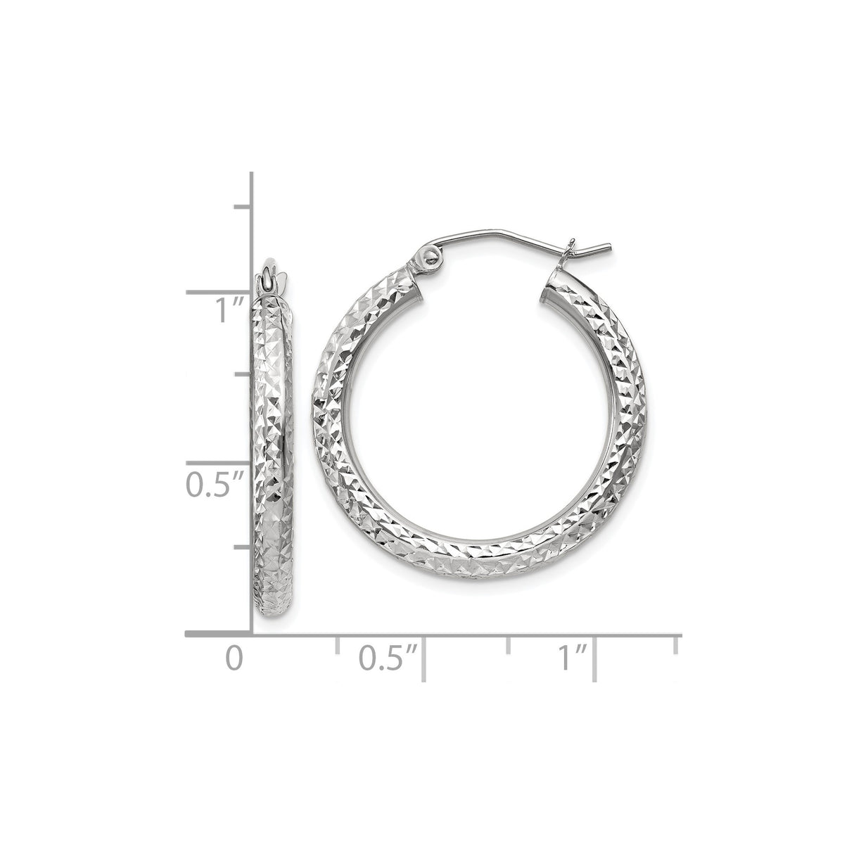 10k White Gold Hoop Earrings, Diamond Cut Textured Medium Hoops, Lightweight Classic Style
