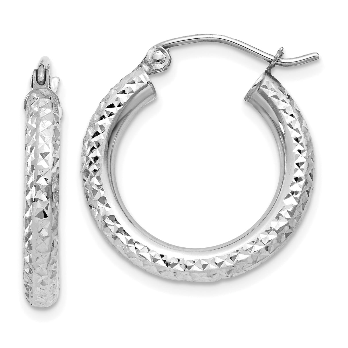 10k White Gold Hoop Earrings, Diamond Cut with Textured Reflective Finish