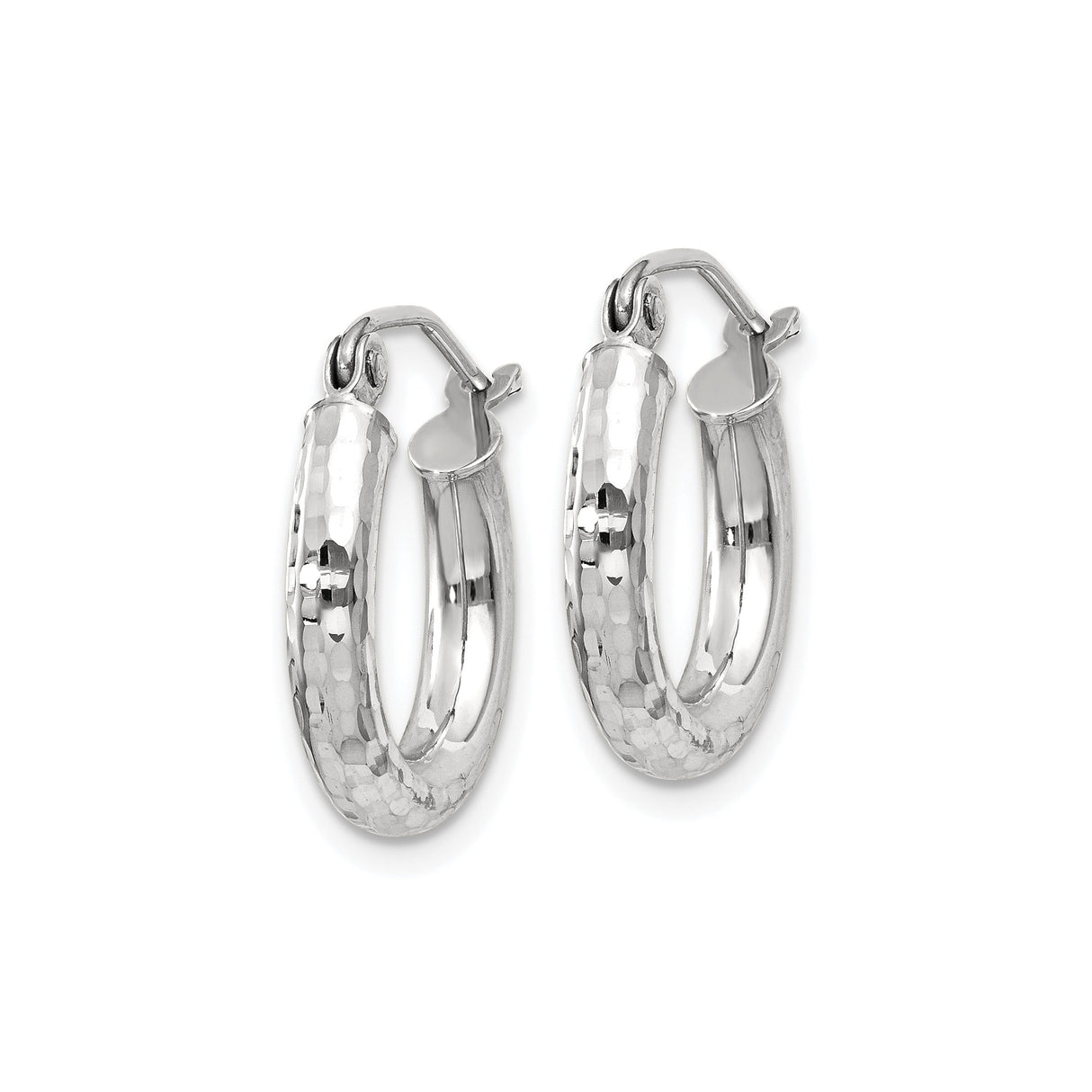 10k White Gold Hoop Earrings, Small Round Hammered Texture, Lightweight Everyday Jewelry