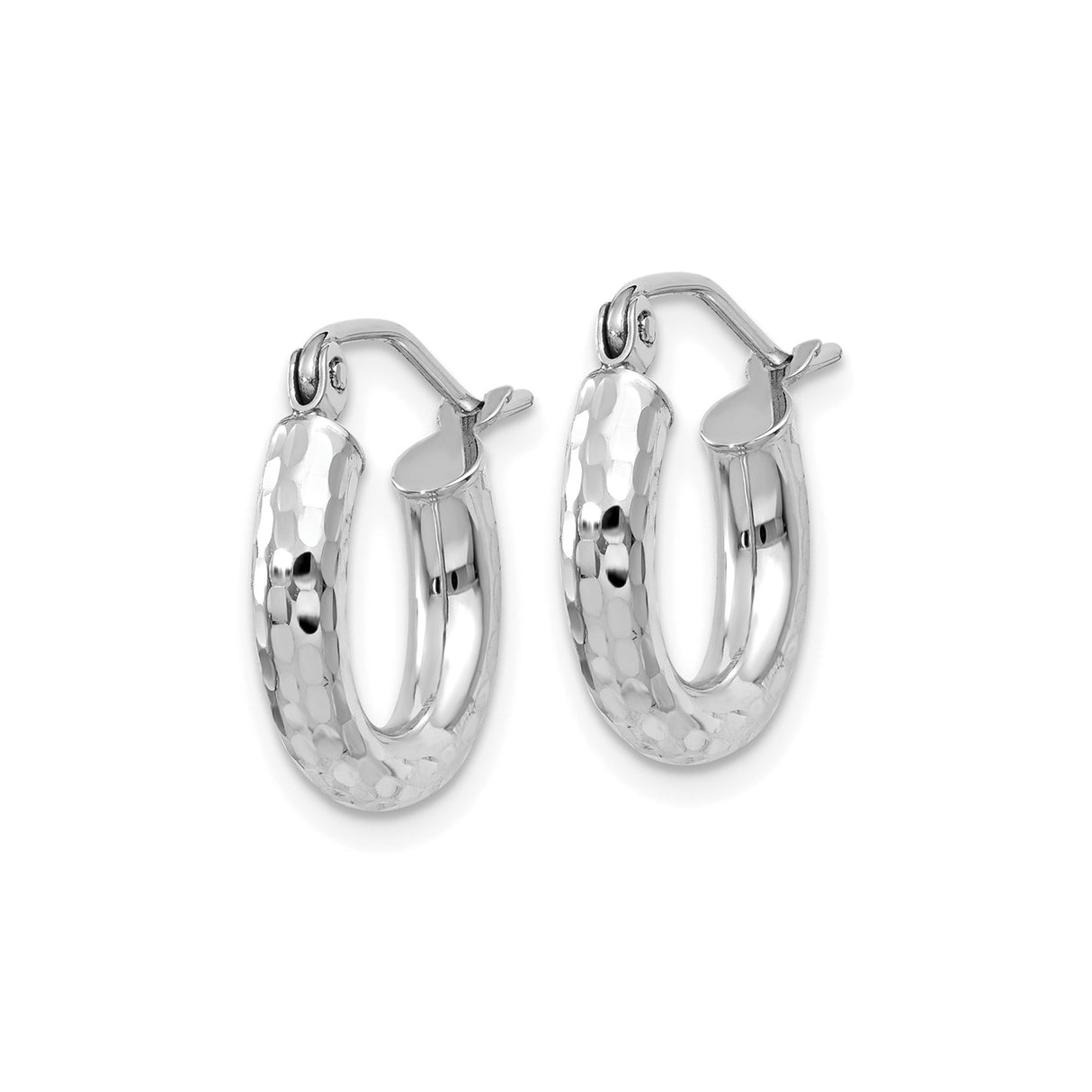 10k White Gold Hoop Earrings with Hammered Texture and Hinged Clasp