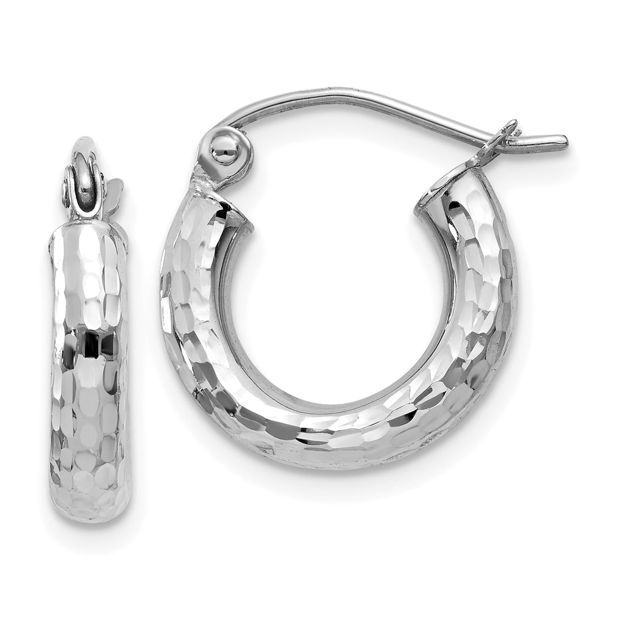 10k White Gold Hoop Earrings with Hammered Texture and Hinged Clasp