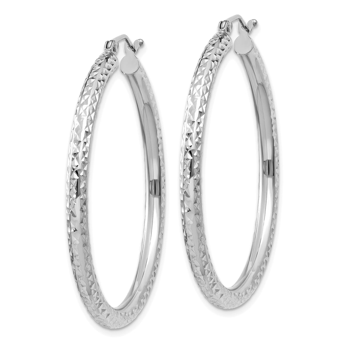10k White Gold Hoop Earrings, Diamond Cut Textured Design, Lightweight Classic Style