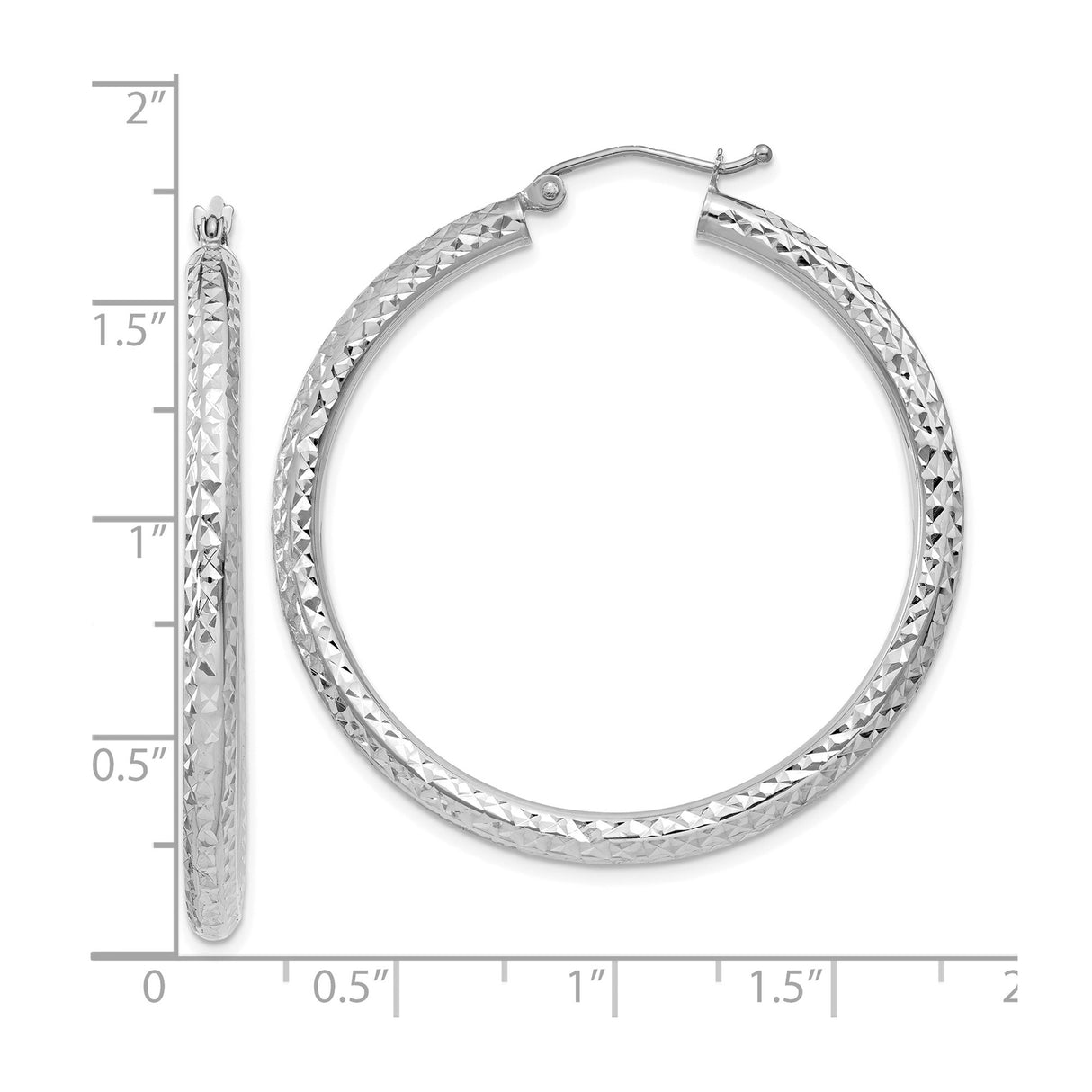 10k White Gold Hoop Earrings, Diamond Cut Textured Design, Lightweight Classic Style
