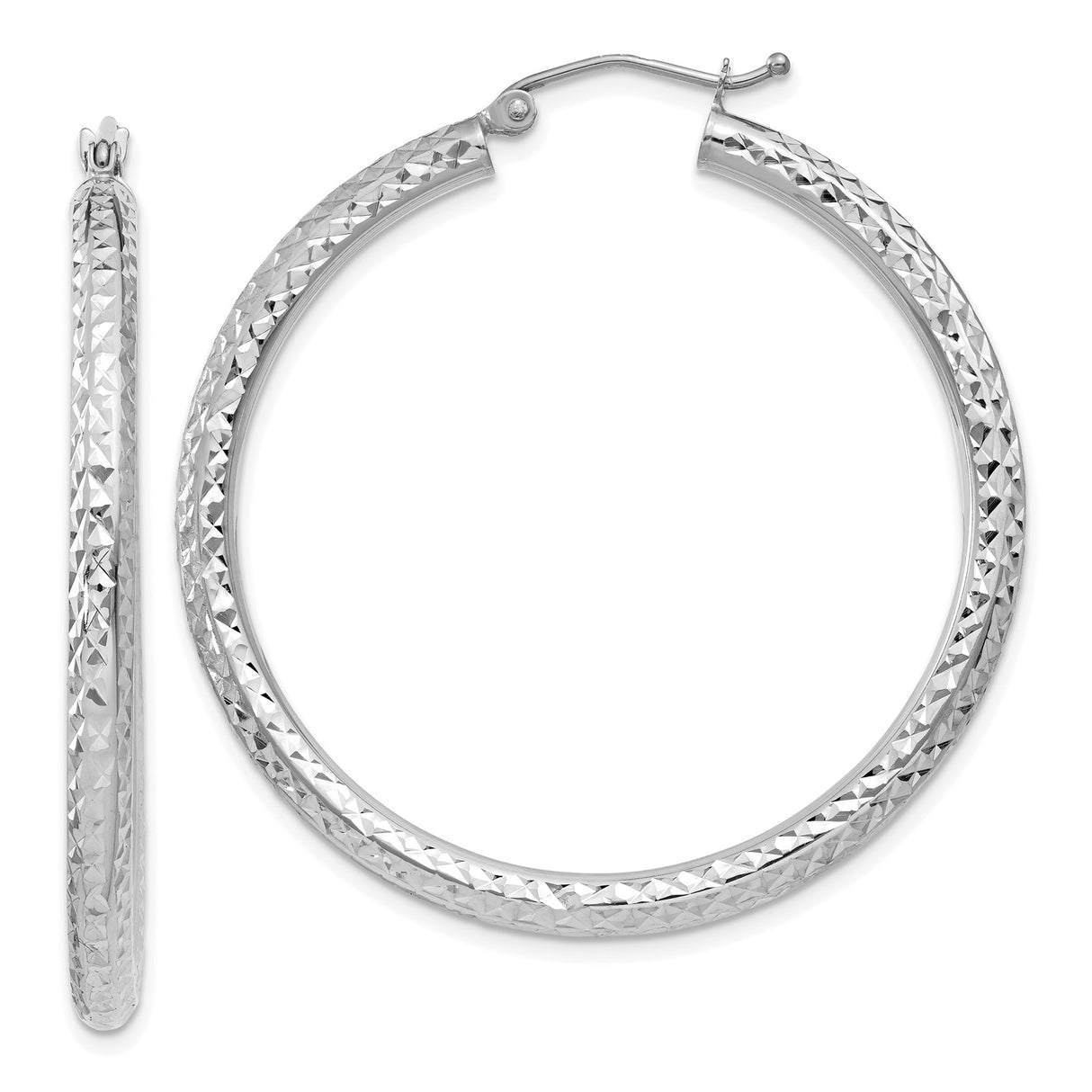 10k White Gold Hoop Earrings, Diamond Cut Textured Design, Lightweight Classic Style