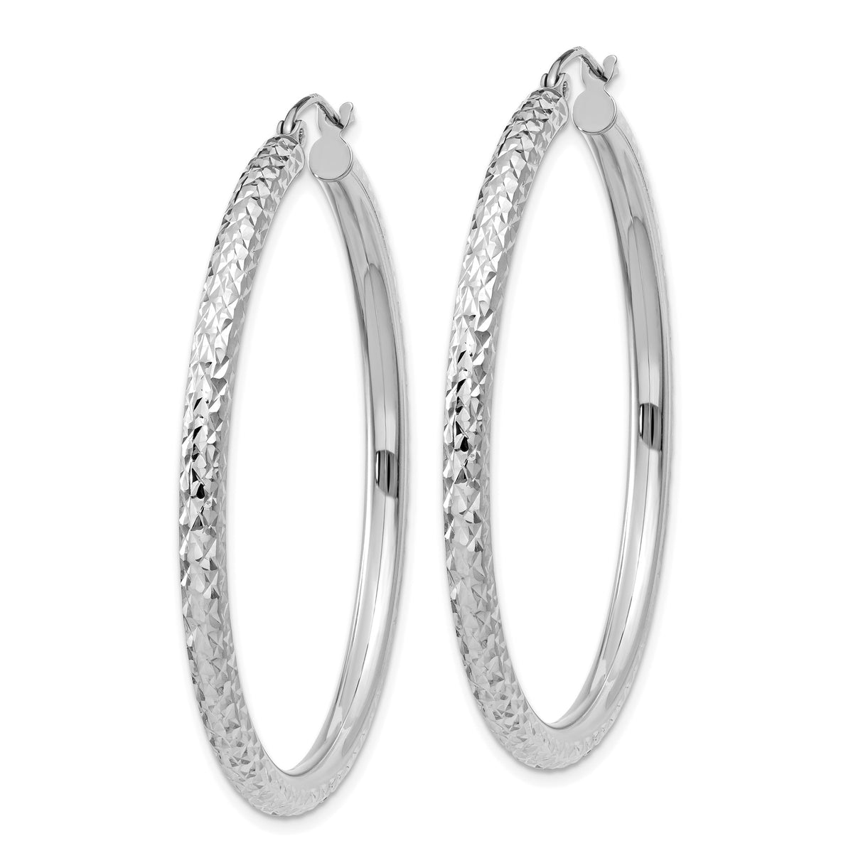 10k White Gold Hoop Earrings, Diamond-Cut Textured Round 14mm, Lightweight Everyday Style