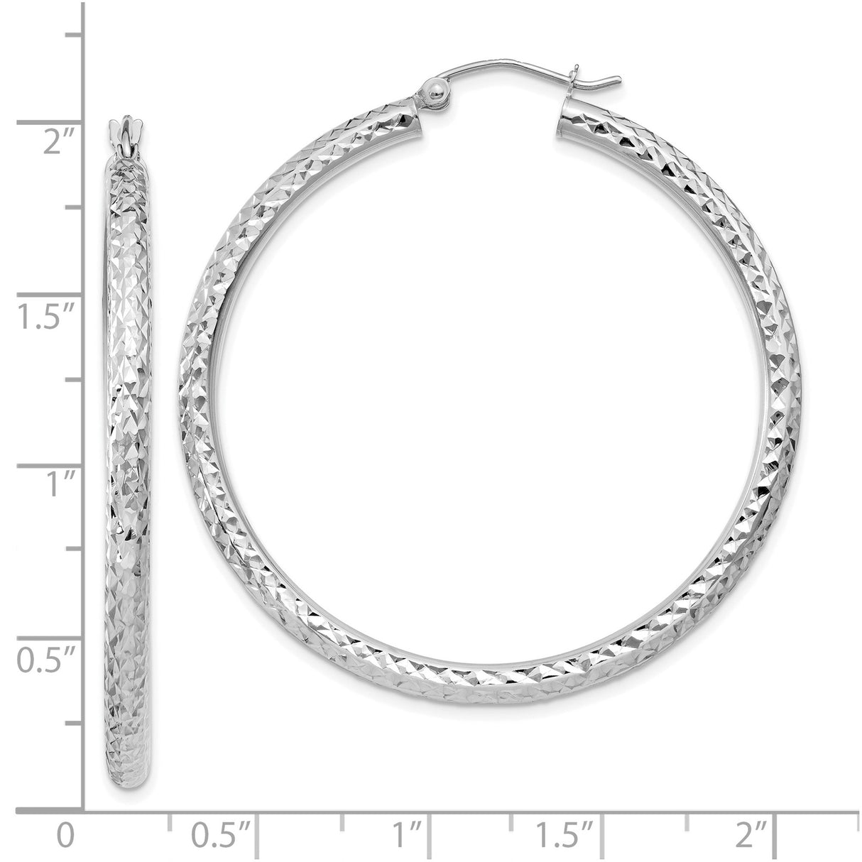 10k White Gold Hoop Earrings, Diamond-Cut Textured Round 14mm, Lightweight Everyday Style
