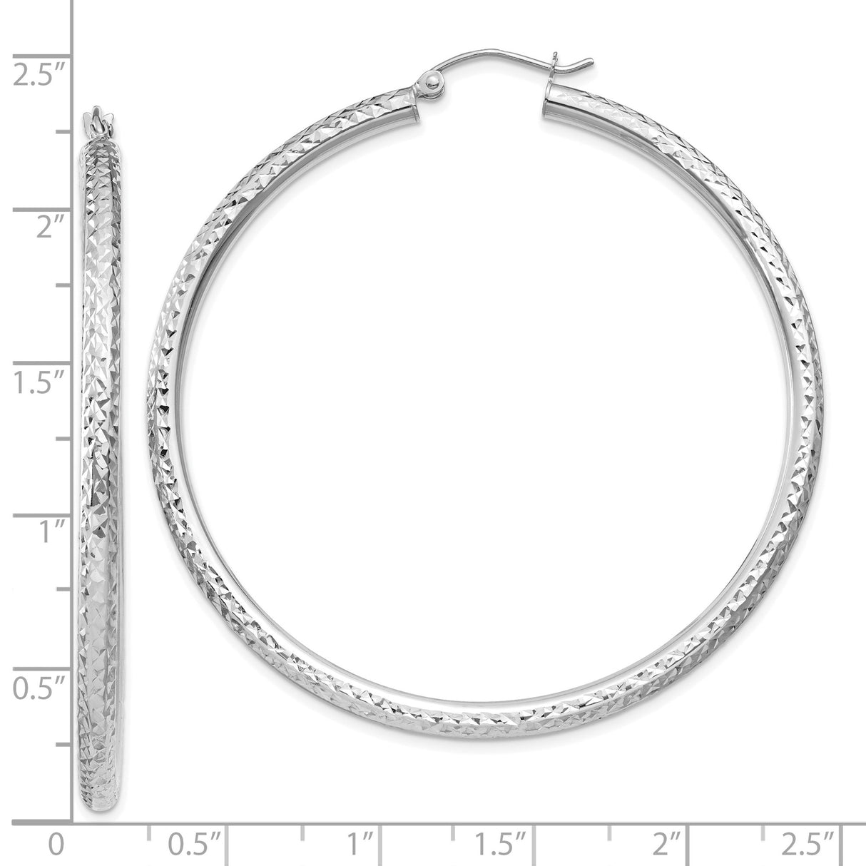 10k White Gold Hoop Earrings, Diamond Cut Textured Round Design, Lightweight Sparkle Finish