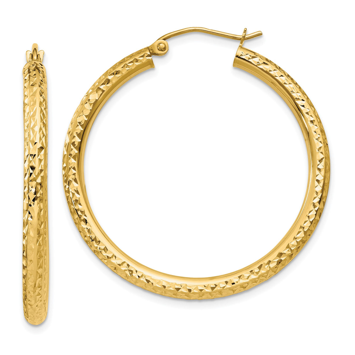 10k Yellow Gold Hoop Earrings, Diamond-Cut Round Design with Textured Finish