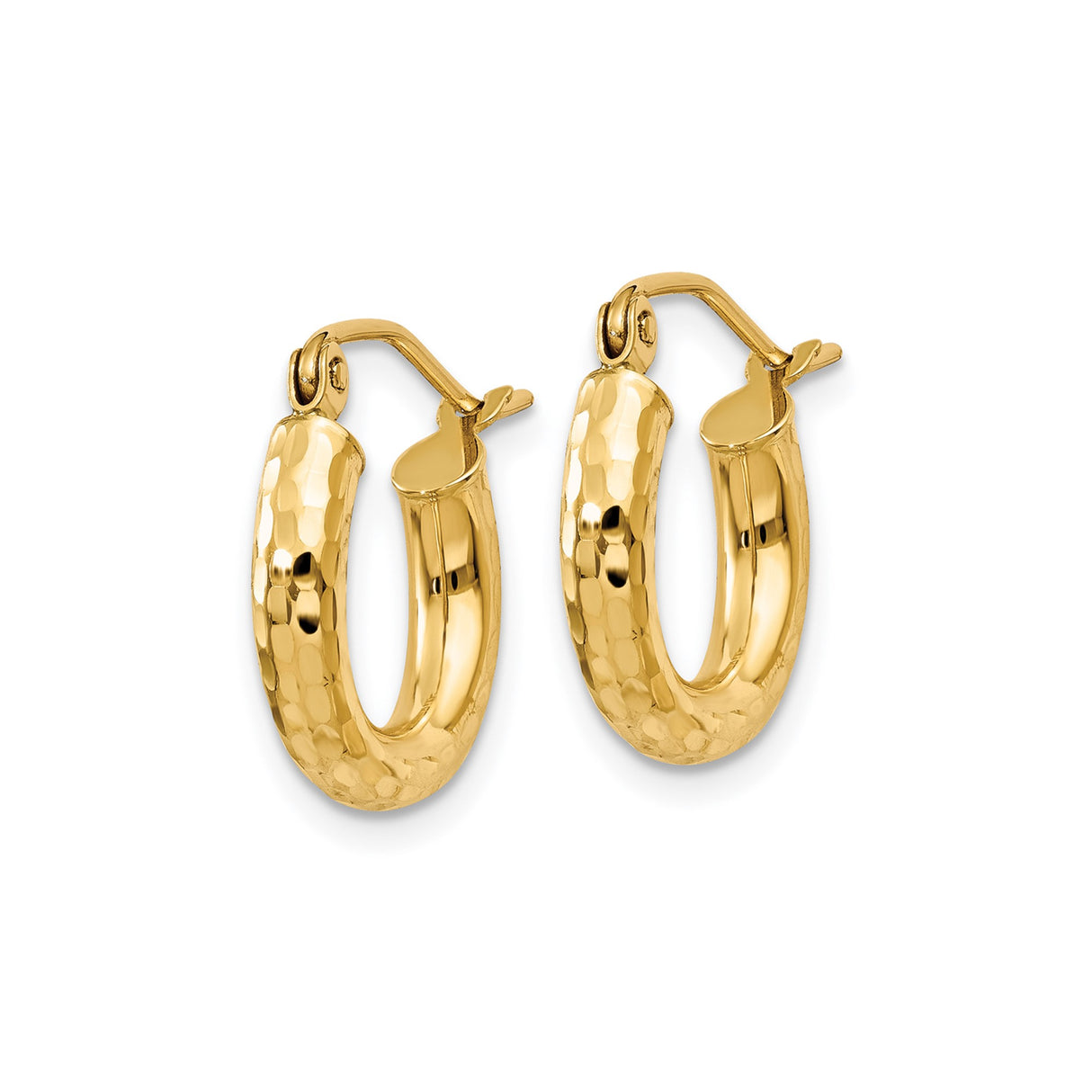 10k Yellow Gold Hoop Earrings, Hammered Textured Round Design, Lightweight Polished Finish
