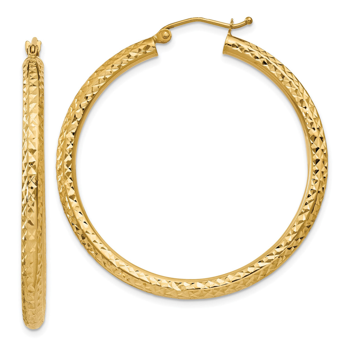 10k Yellow Gold Hoop Earrings, Diamond Cut Textured Round Design, High Polish Finish