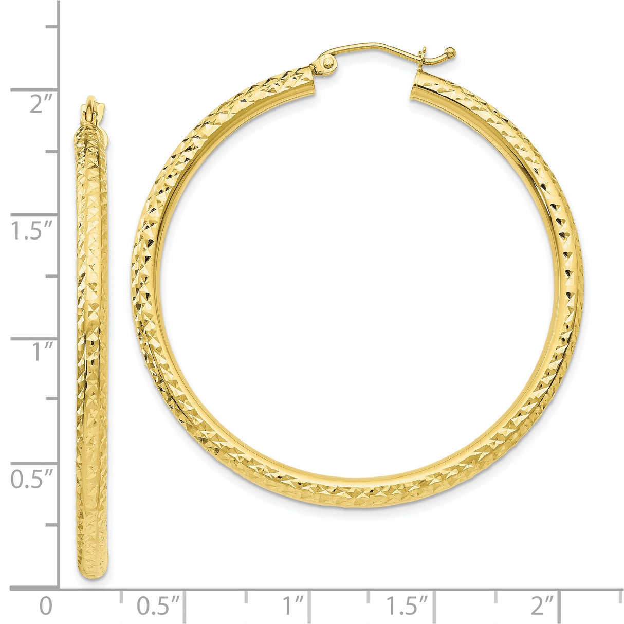10k Yellow Gold Hoop Earrings, Diamond Cut Textured Polished Lightweight Design for Women
