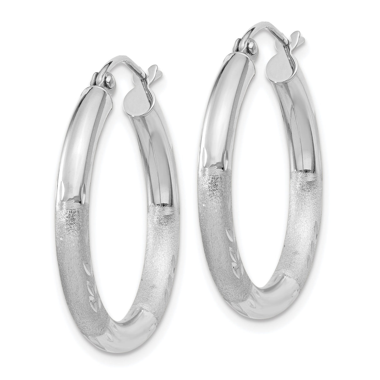 10k White Gold Hoop Earrings, Diamond Cut Textured Design, Polished Finish, Lightweight Round Style