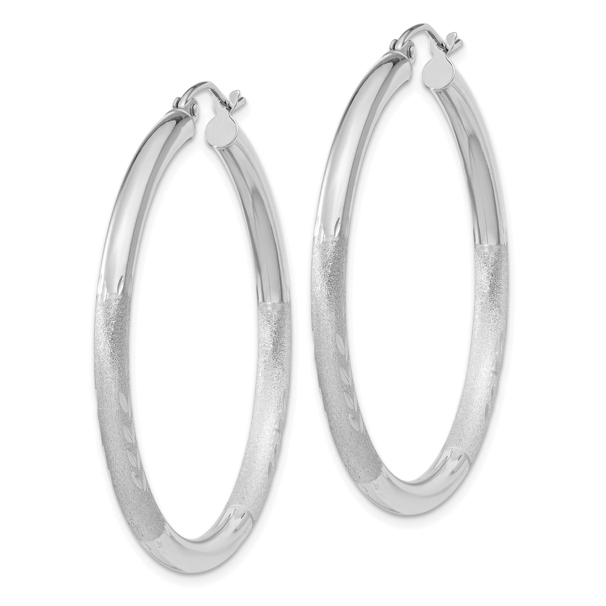 10k White Gold Hoop Earrings with Polished Texture and Leaf Engraving for Women